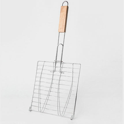 Barbecue Net Clamp Iron Wire Mesh with Wooden Handle for Camping Grill