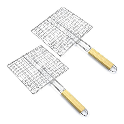 2PCS Iron Barbecue Net Clamp with Wooden Handle Durable for Outdoor Cooking Use