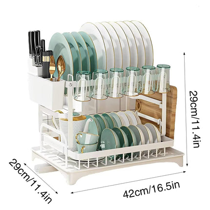 Kitchen Dish Drying Rack 2 Tier Carbon Steel White 42 x 29 x 29cm Tableware