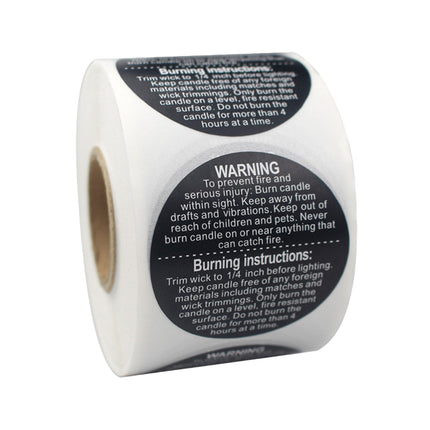5 Rolls Candle Warning Stickers 38mm Round Labels 2500 Pack Black White