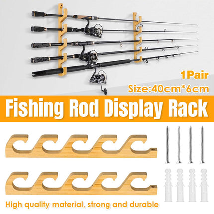 1Pair Bamboo Fishing Rod Holder Wall Mounted Wooden Storage Rack Stand Organizer