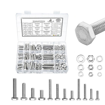 408PCS Stainless Steel Hex Bolts Nuts Washers Assortment Set with Storage Box