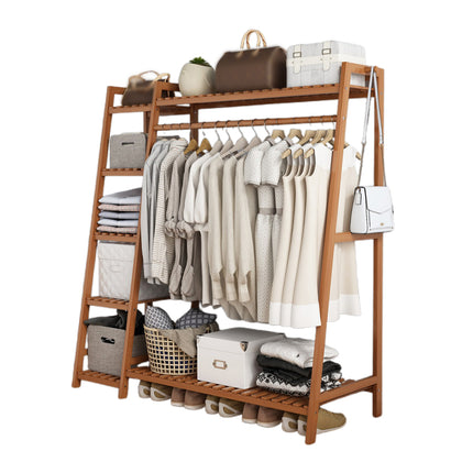 Bamboo Clothes Rack Storage Shelf Hanging Rail Stand With Shelves Hooks