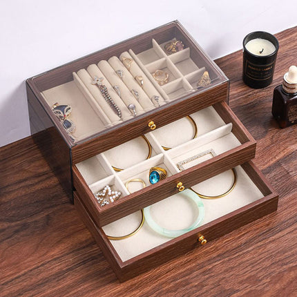 Multi Layer Wooden Jewelry Box Walnut Grain with Compartments Drawers Display
