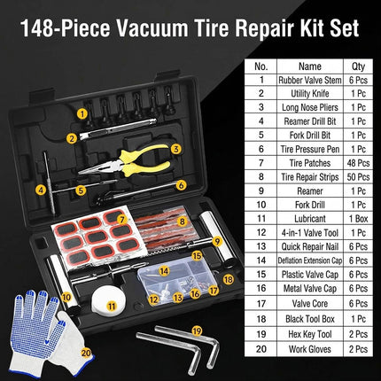 148pcs Tubeless Tire Repair Tool Kit with Case