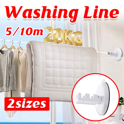 5m or 10m Wall-Mounted Suction Cup Clothesline Retractable Durable Sturdy Laundry
