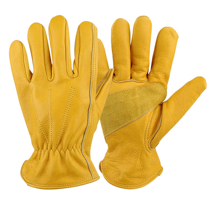 Golden Yellow Cowhide Work Gloves Full Finger Gardening DIY Home Maintenance Use