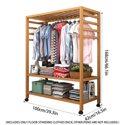 Bamboo Floor-Standing Clothes Rack with Wheels Large Capacity Bedroom Entryway