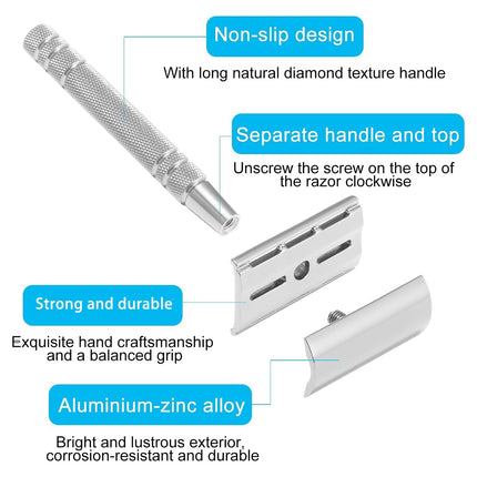 Double Edge Safety Razor Aluminium Zinc Silver 10 Blades 4.3 x 10.8cm