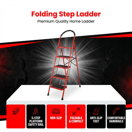 5 Step Folding Ladder Anti-Slip 150kg Load Capacity Durable Platform Step Ladder