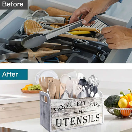 Wooden Rustic Cutlery Organizer Kitchen Utensil Holder Storage Caddy With Handle