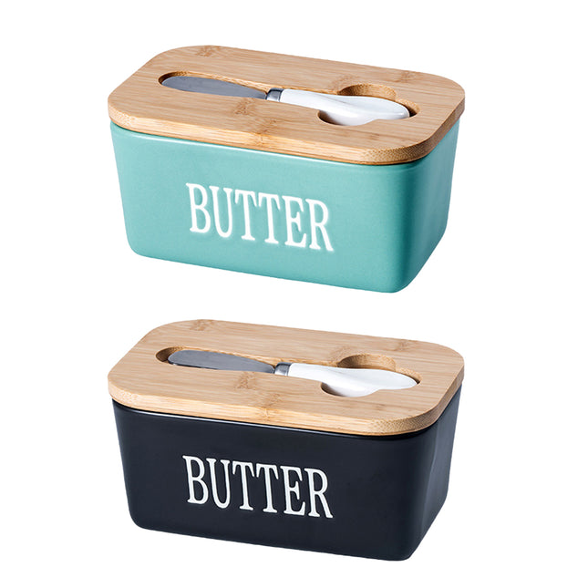 Ceramic Butter Box Basic Model Wooden Lid With Knife Refrigerator Cheese Box