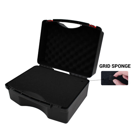 Black plastic tool box open view showing grid sponge foam interior - large capacity portable tool storage case