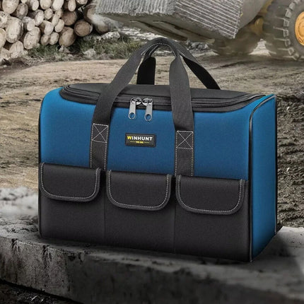 Large capacity Oxford cloth tool bag on construction site - durable navy blue tool storage bag for tradies and workers