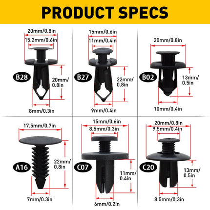 190PCS Plastic Car Fastener 6 Sizes for Auto Body Fender Bumper Trim Accessories