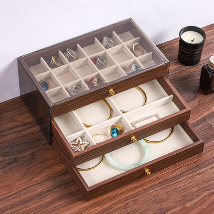 Multi Layer Wooden Jewelry Box Walnut Grain with Compartments Drawers Display
