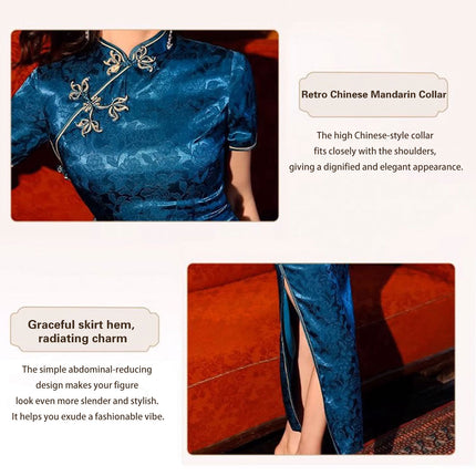 Blue Cheongsam Dress Long Retro Elegant Style Traditional Chinese Qipao Vintage