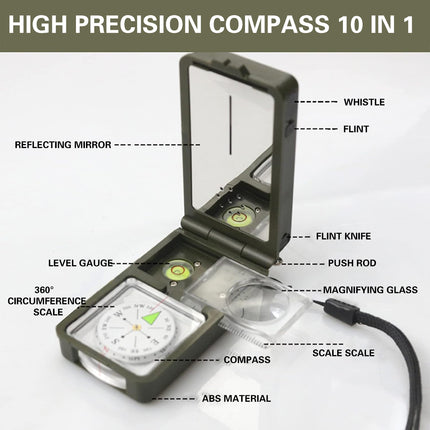10 in 1 Multifunctional Compass for Outdoor Survival Hiking Camping Navigation