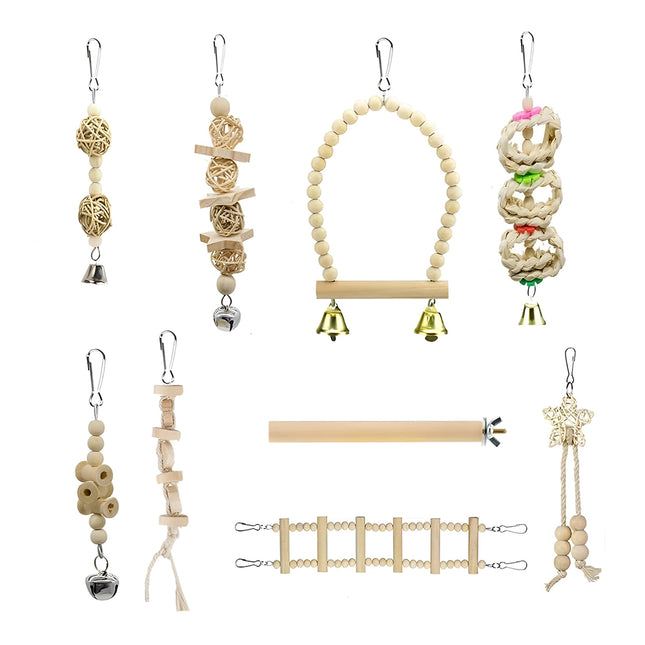 Bird Chew Toys Wooden Color 9-Piece Set Swing Hanging Bridge for Parrots AUS