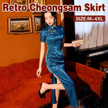 Blue Cheongsam Dress Long Retro Elegant Style Traditional Chinese Qipao Vintage