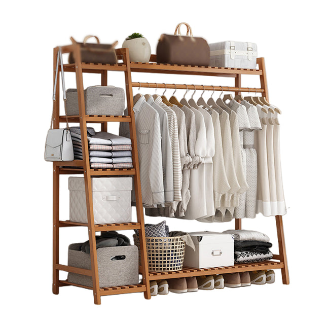Bamboo Clothes Rack Storage Shelf Hanging Rail Stand With Shelves Hooks