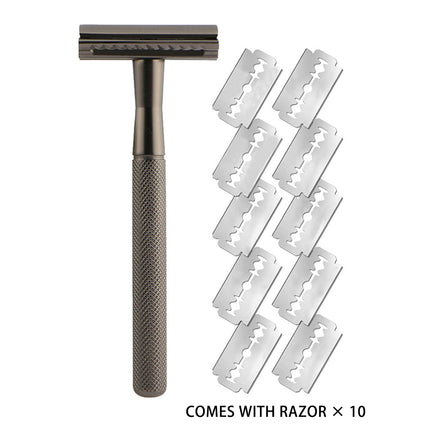 Double Edge Safety Razor Manual Shaver Diamond Grip Grey 10 Blades 4.3 x 10.8cm