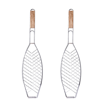 Barbecue Net Clamp Iron Wire Mesh with Wooden Handle for Camping Grill