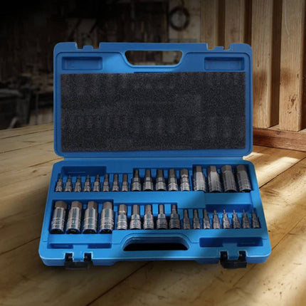 34 Piece Bit Socket Set Hex Torx Spline Chrome Vanadium Steel Mechanic Tool Case