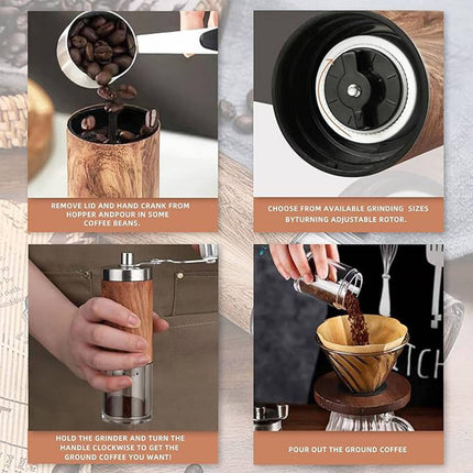 Manual Hand Crank Coffee Grinder Adjustable Burr Mill Wood Grain Portable