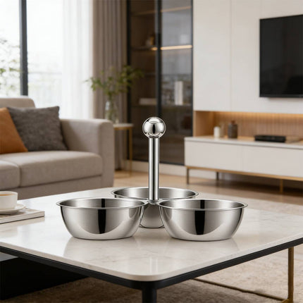 Stainless Steel 3 Bowl Snack Serving Tray Handle