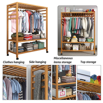 Bamboo Floor-Standing Clothes Rack with Wheels Large Capacity Bedroom Entryway