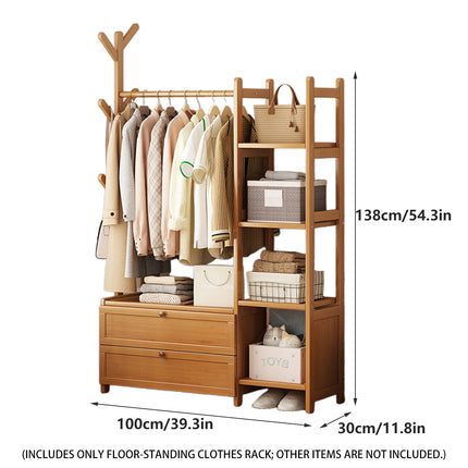 Bamboo Floor-Standing Coat Rack Indoor with Storage Drawer Space Saving Stable
