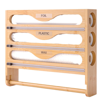 Wall Mounted Plastic Wrap Cutter Bamboo Multi Cell Kitchen Storage Box Organizer