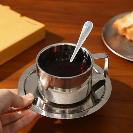 200ml Stainless Steel Espresso Coffee Cup Saucer and Spoon Set Milan Style
