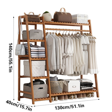 Bamboo Clothes Rack Storage Shelf Hanging Rail Stand With Shelves Hooks