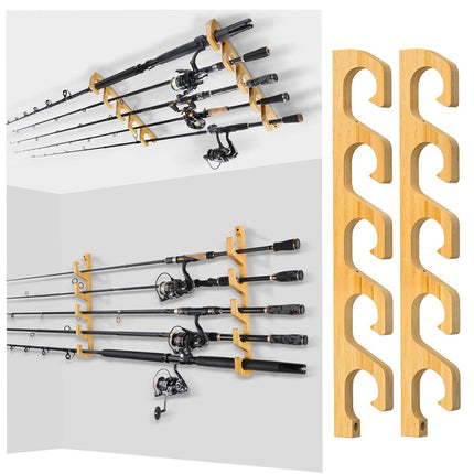 1Pair Bamboo Fishing Rod Holder Wall Mounted Wooden Storage Rack Stand Organizer