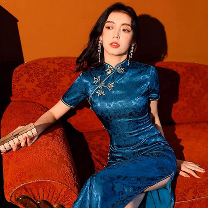 Blue Cheongsam Dress Long Retro Elegant Style Traditional Chinese Qipao Vintage