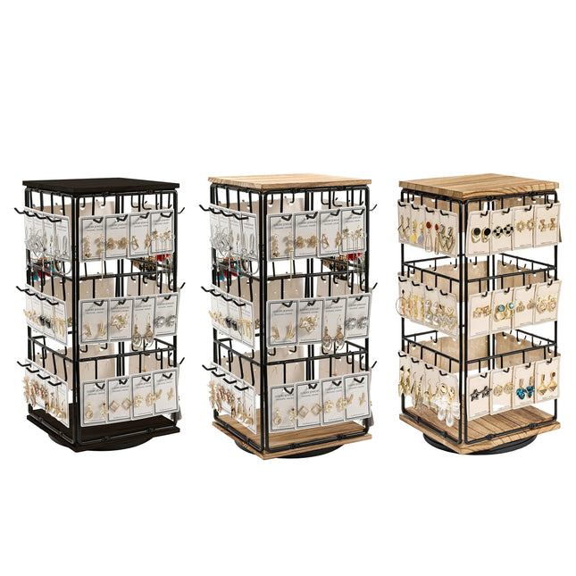360 Rotation Earring Display Stand Wood Iron Holds 48 Pairs Jewelry Organizer