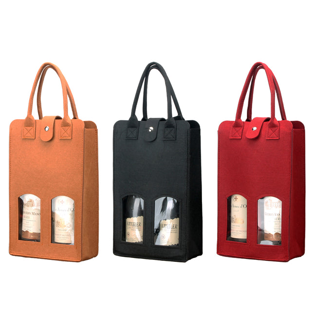 Wine Gift Bag Felt Double Bottle Clear Window Snap Closure Handle Carrier