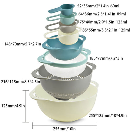 8pcs Plastic Basin Set Drain Basket Washing Mixing Bowl Set Kitchen Baking Tools