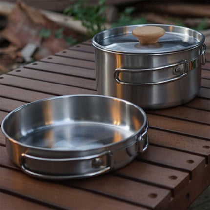2PCS 304 Stainless Steel Camping Pot and Pan Set With Folding Handles Outdoor