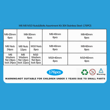 176PCS Stainless Steel Nut Set Silver Hardware Fasteners for Car Home DIY Repair