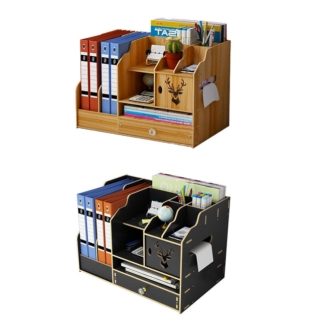 Wooden Desktop Storage Rack Office File Holder Organiser Drawer Black Wood Grain