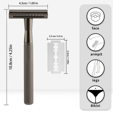 Double Edge Safety Razor Manual Shaver Diamond Grip Grey 10 Blades 4.3 x 10.8cm