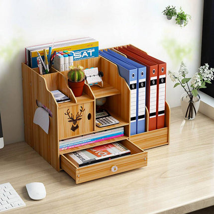 Wooden Desktop Storage Rack Office File Holder Organiser Drawer Black Wood Grain