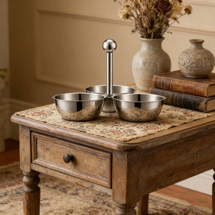 Stainless Steel 3 Bowl Snack Serving Tray Handle