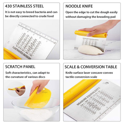 Stainless Steel Bench Scraper Dough Cutter with Scale and Roll Handle Baking Tool