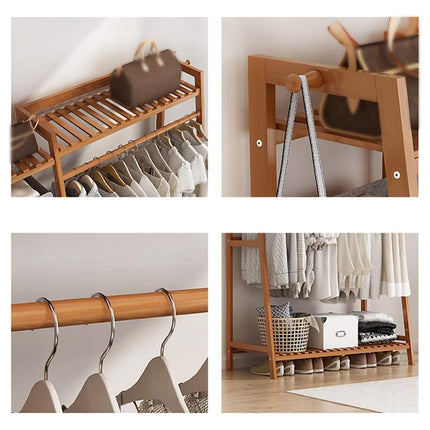 Bamboo Clothes Rack Storage Shelf Hanging Rail Stand With Shelves Hooks