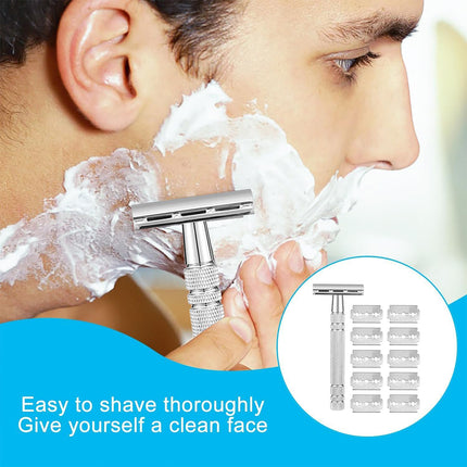 Double Edge Safety Razor Aluminium Zinc Silver 10 Blades 4.3 x 10.8cm