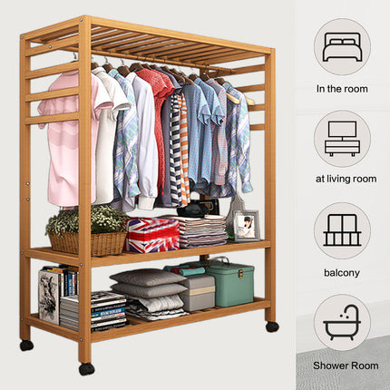 Bamboo Floor-Standing Clothes Rack with Wheels Large Capacity Bedroom Entryway